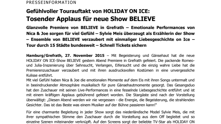 Gefühlvoller Tourauftakt von HOLIDAY ON ICE: Tosender Applaus für neue Show BELIEVE 
