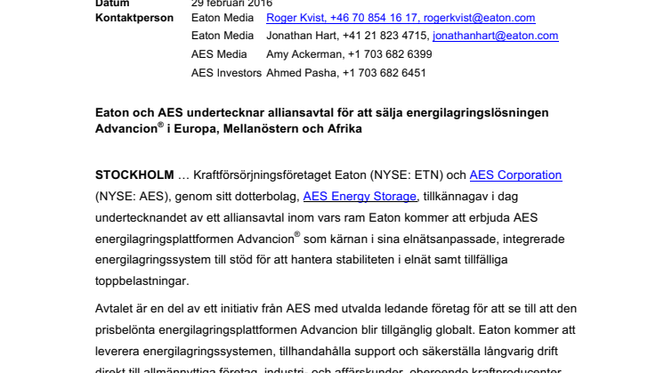 ​Eaton och AES undertecknar alliansavtal för att sälja energilagringslösningen Advancion i Europa, Mellanöstern och Afrika