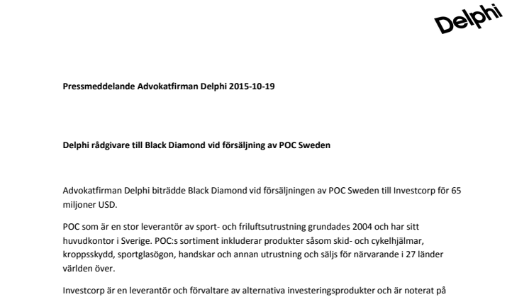 Delphi rådgivare till Black Diamond vid försäljning av POC Sweden