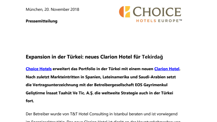 Expansion in der Türkei: neues Clarion Hotel für Tekirdağ