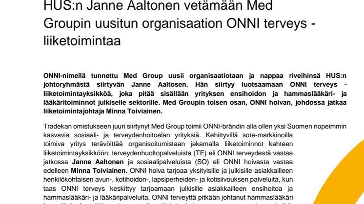HUS:n Janne Aaltonen vetämään Med Groupin uusitun organisaation ONNI terveys -liiketoimintaa
