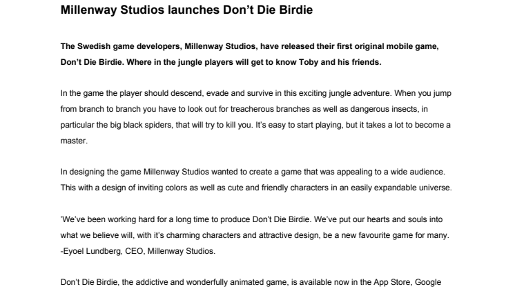 Millenway Studios launches Don’t Die Birdie