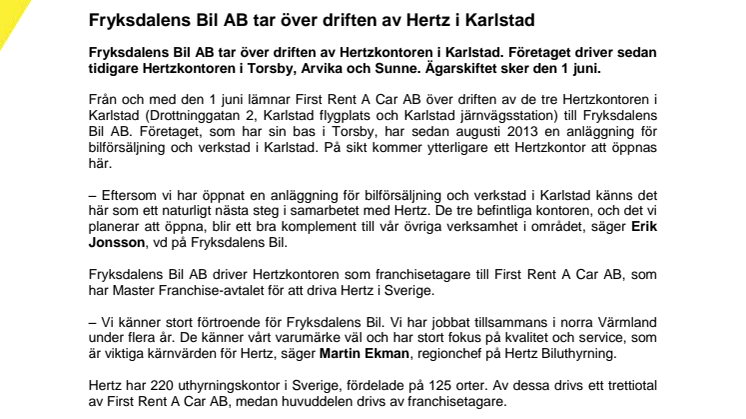 Fryksdalens Bil AB tar över driften av Hertz i Karlstad