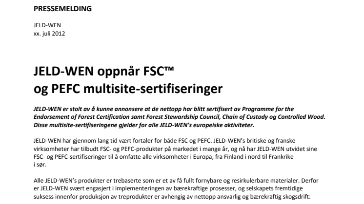 JELD-WEN oppnår FSC™ og PEFC multisite-sertifiseringer