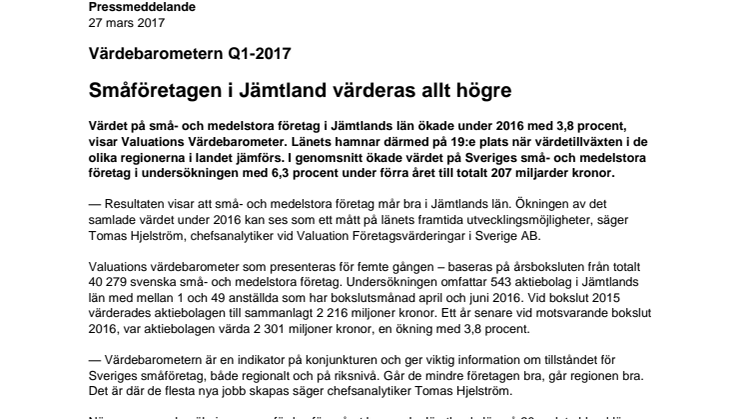 Värdebarometern Q1-2017 Jämtlands Län