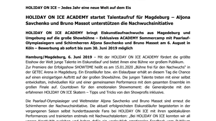 HOLIDAY ON ICE ACADEMY startet Talentaufruf für Magdeburg – Aljona Savchenko und Bruno Massot unterstützen die Nachwuchsinitiative