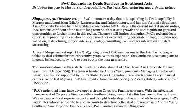 PwC Expands its Deals Services in Southeast Asia