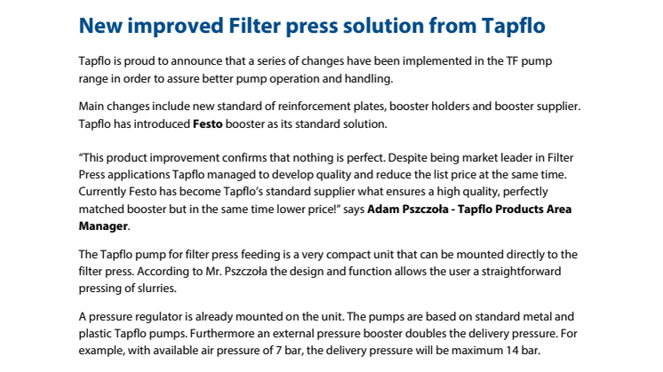New improved Filter press solution from Tapflo