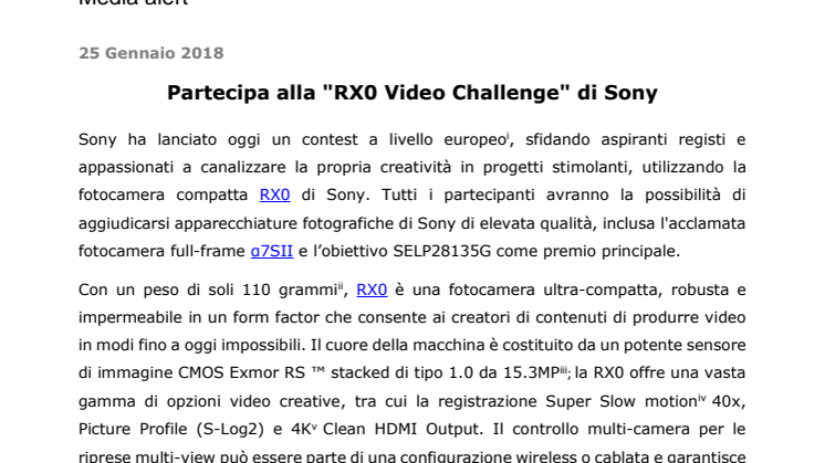 Partecipa alla "RX0 Video Challenge" di Sony