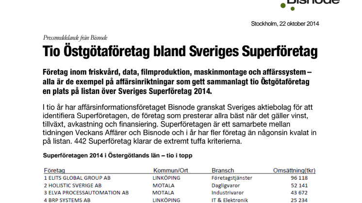 Tio Östgötaföretag bland Sveriges Superföretag
