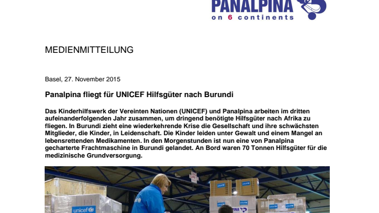 Panalpina fliegt für UNICEF Hilfsgüter nach Burundi