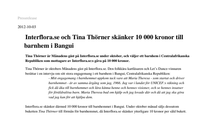 Interflora.se och Tina Thörner skänker 10 000 kronor till barnhem i Bangui