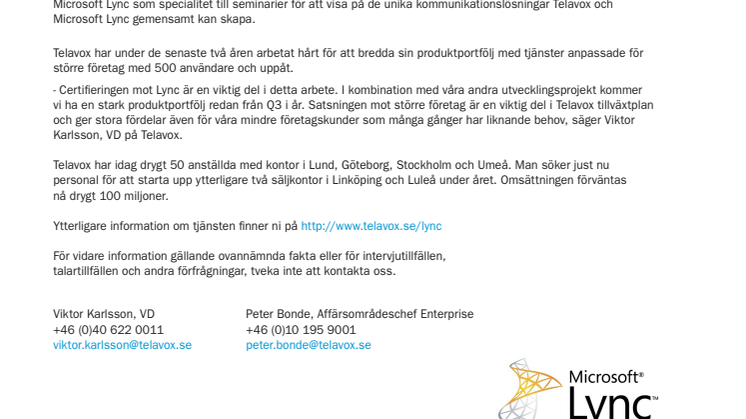 Telavox först i Sverige med säker telefoni mot Microsoft Lync Server