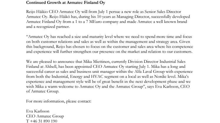  Continued Growth at Armatec Finland Oy 