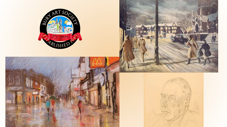 Bottom left:Wet Day on the Rock, Bury by Mary Edyvean Pastel drawing, 1998 Bottom right:Portrait of Tommy Thompson by John Bold Pencil drawing, Signed and dated 1948 Top right:Market Place, Bury by Elizabeth Hesp  Lithograph