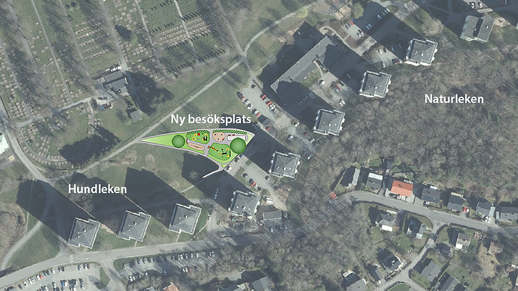 Den nya besöksplatsen planeras på en del av gräsmattan mellan Oluff Nilssons väg och gång- och cykelvägen. Hundleken och Naturleken ligger väster respektive öster om den nya besöksplatsen i området.