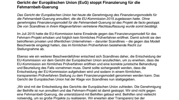 Gericht der Europäischen Union (EuG) stoppt Finanzierung für die Fehmarnbelt-Querung