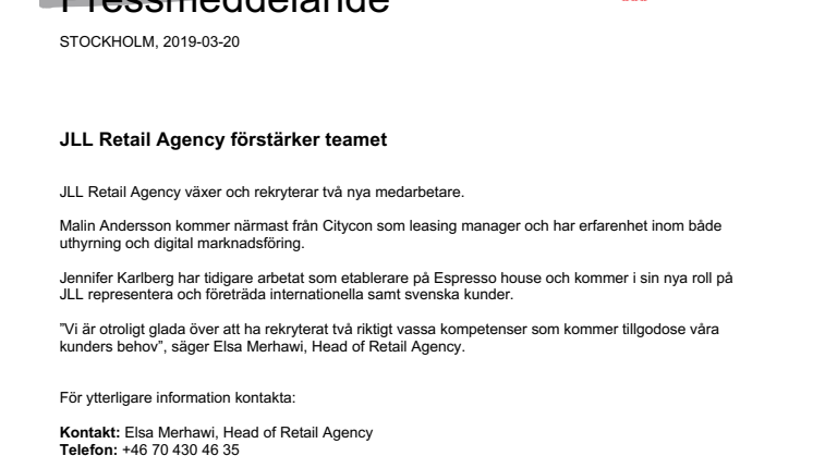 JLL Retail Agency förstärker teamet 