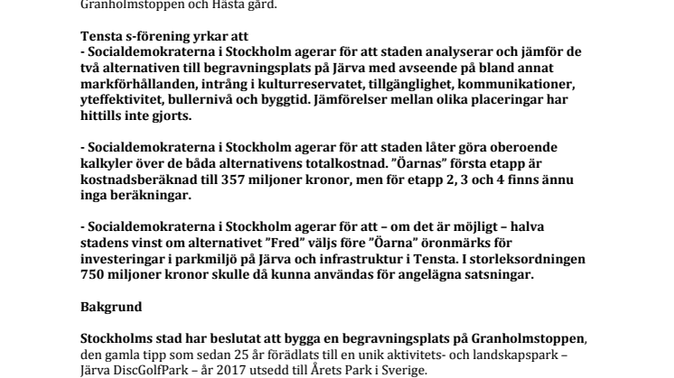 Tensta s-förenings motion 2020: "Bygg en värdig och vacker begravningsplats bredvid Järva DiscGolfPark"