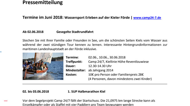Wassersportangebote  im Camp24/7 in Kiel.Sailing.City