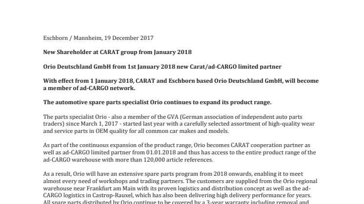 Orio Deutschland GmbH from 1st January 2018 new Carat/ad-CARGO limited partner