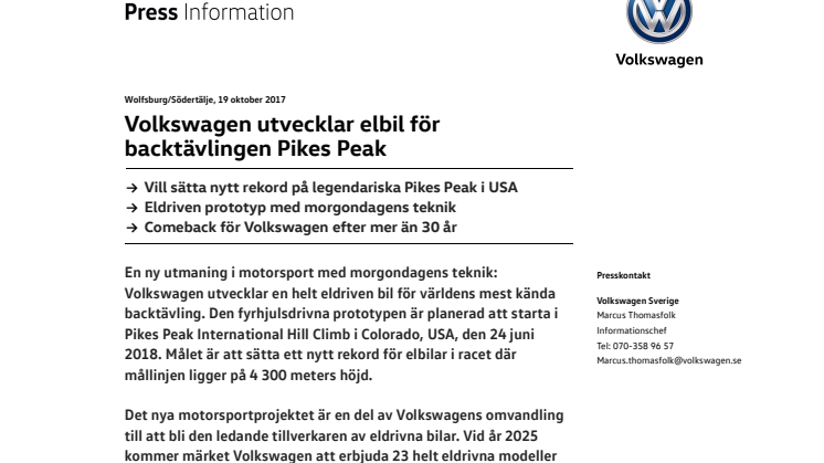Volkswagen utvecklar elbil för backtävlingen Pikes Peak