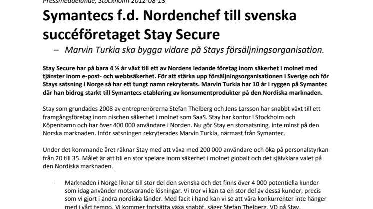 Symantecs f.d. Nordenchef till svenska succéföretaget Stay Secure