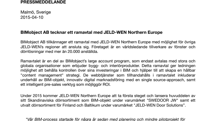 BIMobject AB tecknar ett ramavtal med JELD-WEN Northern Europe