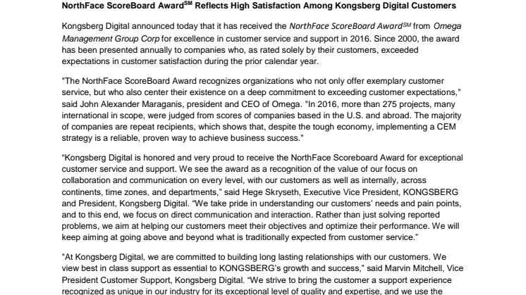 Kongsberg Digital: ​NorthFace ScoreBoard Award(SM) Reflects High Satisfaction Among Kongsberg Digital Customers
