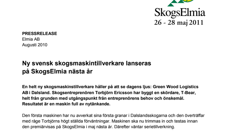 Ny svensk skogsmaskintillverkare lanseras på SkogsElmia nästa år