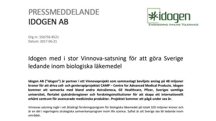 Idogen med i stor Vinnova-satsning för att göra Sverige ledande inom biologiska läkemedel