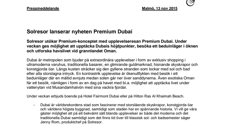 Nyhet! Solresor lanserar Premium Dubai