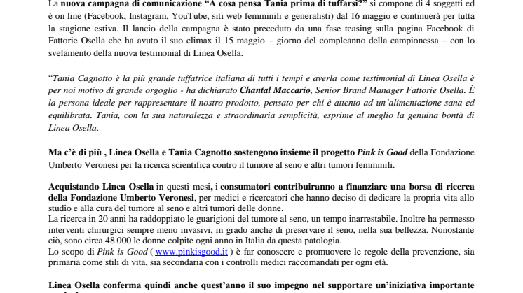 Fattorie Osella sceglie la campionessa Tania Cagnotto  per Linea Osella 