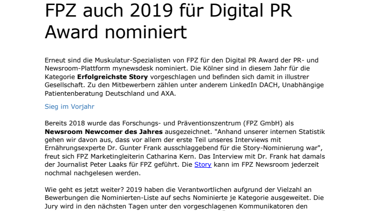 FPZ auch 2019 für Digital PR Award nominiert