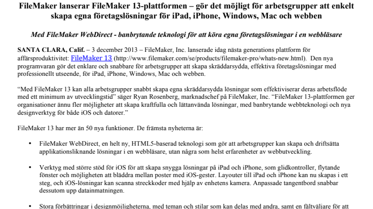 FileMaker, Inc. lanserar FileMaker 13-plattformen