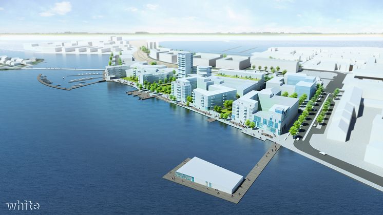 En helt ny stadsdel ska växa fram med fantastisk närhet till havet. Datorbild: White
