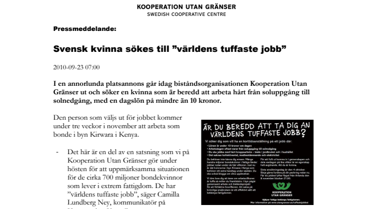 Svensk kvinna sökes till  ”världens tuffaste jobb”