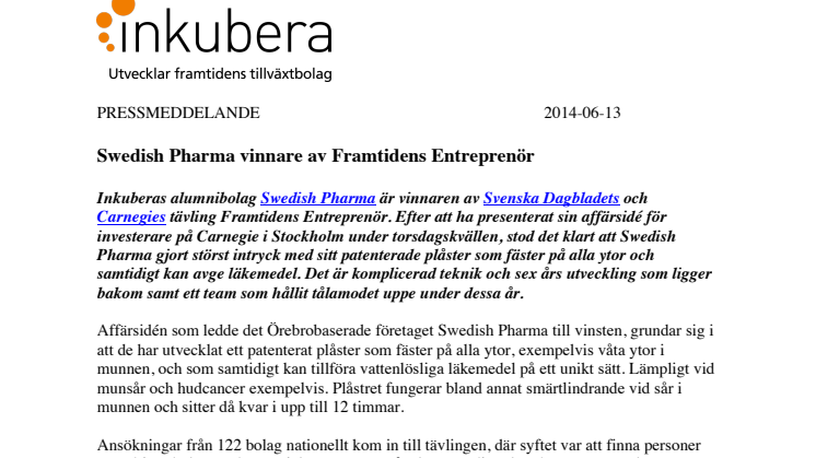 Swedish Pharma vinnare av Framtidens Entreprenör