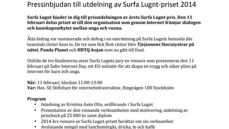 Pressinbjudan till utdelning av Surfa Lugnt-priset 2014
