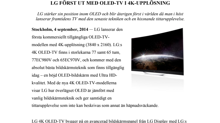 LG FÖRST UT MED OLED-TV I 4K-UPPLÖSNING