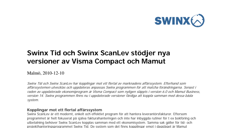 Swinx Tid och Swinx ScanLev stödjer nya versioner av Visma Compact och Mamut