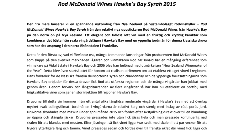 Rod McDonald Wines Hawke's Bay Syrah 2015