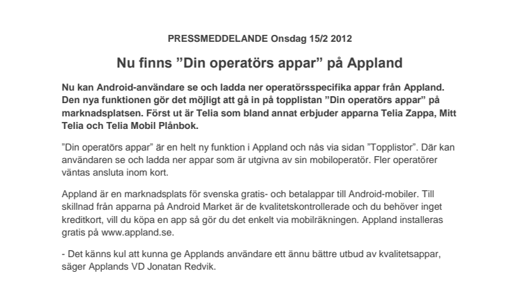 Nu finns "Din operatörs appar" på Appland