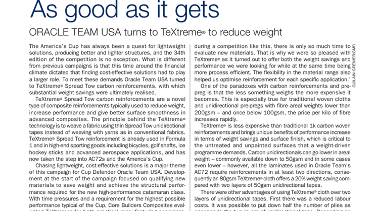 Case Study - ORACLE TEAM USA turns to TeXtreme® to reduce weight