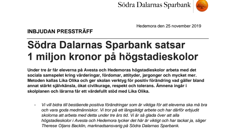 Södra Dalarnas Sparbank satsar 1 miljon kronor på högstadieskolor 