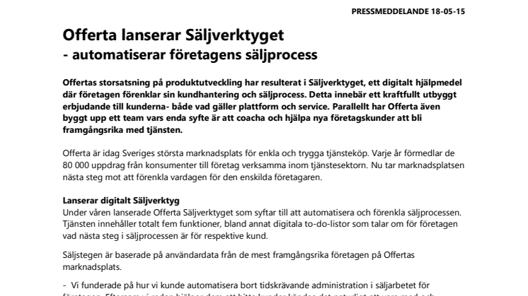 Offerta lanserar Säljverktyget  - automatiserar företagens säljprocess