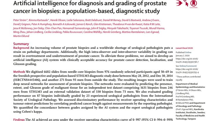 Artificial intelligence for diagnosis and grading of prostate cancer in biopsies: a population-based, diagnostic study