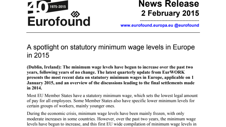 A spotlight on statutory minimum wage levels in Europe in 2015