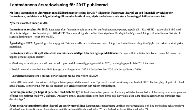 Lantmännens årsredovisning för 2017 publicerad