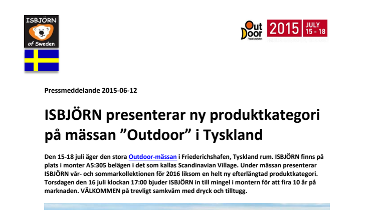 ISBJÖRN presenterar ny produktkategori på mässan ”Outdoor” i Tyskland